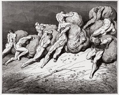 The Divine Comedy (La Divina Commedia, La Divine Comedie), Inferno, Canto 7: De griskes og de fortaptes sjeler tvunget til å rulle tunge steiner - av Dante Alighieri (1265-1321) - Illustrasjon av Gustave Dore (1832-1883) av Gustave Dore
