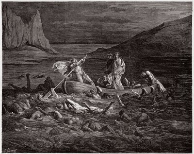 The Divine Comedy (La Divina Commedia, La Divine Comedie), Inferno, Canto 8: Phlegyas ferger Dante og Virgil over Styx - av Dante Alighieri (1265-1321) - Illustrasjon av Gustave Dore (1832-1883) av Gustave Dore