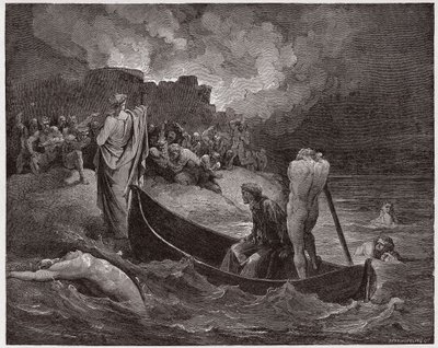 Den guddommelige komedie (La Divina Commedia, La Divine Comedie), Inferno, Canto 8: Virgil og Dante går i land ved citadellet Dis - av Dante Alighieri (1265-1321) - Illustrasjon av Gustave Dore (1832-1883) av Gustave Dore
