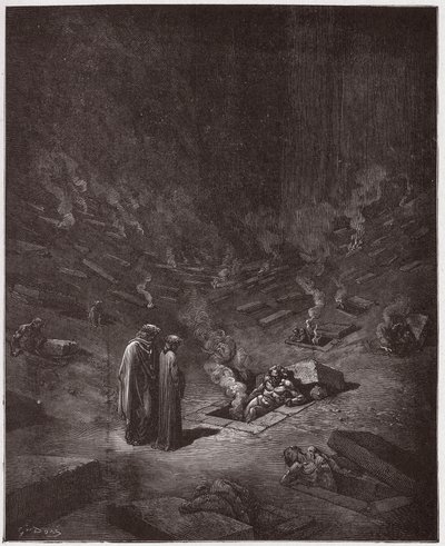 The Divine Comedy (La Divina Commedia, La Divine Comedie), Inferno, Canto 9: The burning sepulchres of the heresiarchs - av Dante Alighieri (1265-1321) - Illustrasjon av Gustave Dore (1832-1883) av Gustave Dore