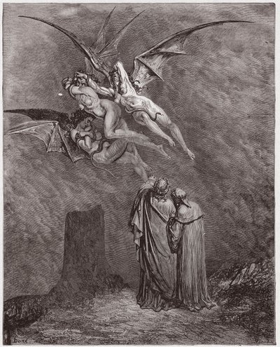 The Divine Comedy (La Divina Commedia, La Divine Comedie), Inferno, Canto 9: The hideous Erinyes: Megaera, Tisphone, Alecto - by Dante Alighieri (1265-1321) - Illustration by Gustave Dore (1832-1883) av Gustave Dore