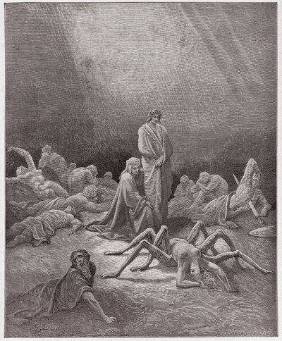 The Divine Comedy (La Divina Commedia, La Divine Comedie), Purgatorio, Canto 12: Dante ser på Arachnes sjel - av Dante Alighieri (1265-1321) - Illustrasjon av Gustave Dore (1832-1883) av Gustave Dore