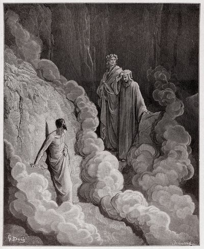 Den guddommelige komedie (La Divina Commedia, La Divine Comedie), Purgatorio, Canto 16: Dante taler til sjelen til Marco Lombardo - av Dante Alighieri (1265-1321) - Illustrasjon av Gustave Dore (1832-1883) av Gustave Dore