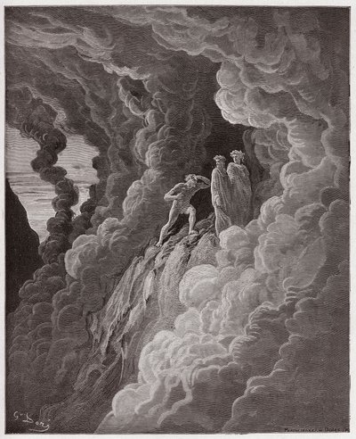 The Divine Comedy (La Divina Commedia, La Divine Comedie), Purgatorio, Canto 16: Marco Lombardo følger dikterne gjennom røyken - av Dante Alighieri (1265-1321) - Illustrasjon av Gustave Dore (1832-1883) av Gustave Dore
