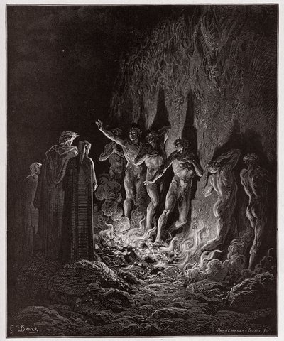 Den guddommelige komedie (La Divina Commedia, La Divine Comedie), Purgatorio, Canto 25: Den lystne passerer gjennom ild i den syvende sirkel - av Dante Alighieri (1265-1321) - Illustrasjon av Gustave Dore (1832-1883) av Gustave Dore