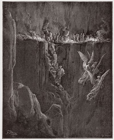 The Divine Comedy (La Divina Commedia, La Divine Comedie), Purgatorio, Canto 25: Virgil og Dante stiger opp til den syvende sirkelen gjennom flammer - av Dante Alighieri (1265-1321) - Illustrasjon av Gustave Dore (1832-1883) av Gustave Dore
