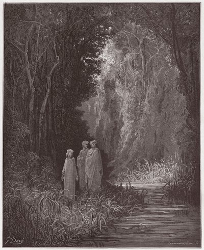 Den guddommelige komedie (La Divina Commedia, La Divine Comedie), Purgatorio, Canto 28: Dante, Virgil og Statius i den eldgamle skogen i det terrestriske paradiset - av Dante Alighieri (1265-1321) - Illustrasjon av Gustave Dore (1832-1883) ) av Gustave Dore