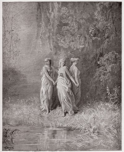 The Divine Comedy (La Divina Commedia, La Divine Comedie), Purgatorio, Canto 29: Charity, Hope, and Faith - av Dante Alighieri (1265-1321) - Illustrasjon av Gustave Dore (1832-1883) av Gustave Dore