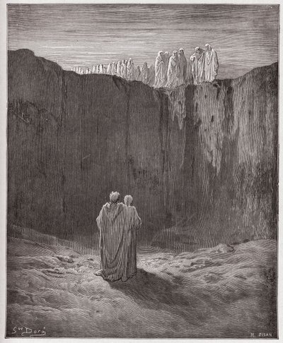 The Divine Comedy (La Divina Commedia, La Divine Comedie), Purgatorio, Canto 3: The company of souls on the cliff - av Dante Alighieri (1265-1321) - Illustrasjon av Gustave Dore (1832-1883) av Gustave Dore