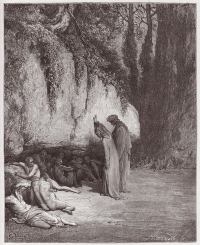The Divine Comedy (La Divina Commedia, La Divine Comedie), Purgatorio, Canto 4: The indolent souls beside the rock - av Dante Alighieri (1265-1321) - Illustrasjon av Gustave Dore (1832-1883) av Gustave Dore