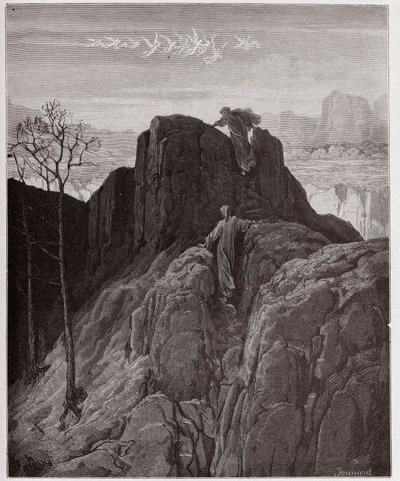 The Divine Comedy (La Divina Commedia, La Divine Comedie), Purgatorio, Canto 4: Virgil fører Dante opp den forrevne fjellsiden - av Dante Alighieri (1265-1321) - Illustrasjon av Gustave Dore (1832-1883) av Gustave Dore