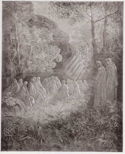 The Divine Comedy (La Divina Commedia, La Divine Comedie), Purgatorio, Canto 7: Åndene synger Salve Regina in the dell - av Dante Alighieri (1265-1321) - Illustrasjon av Gustave Dore (1832-1883) av Gustave Dore