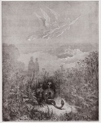 The Divine Comedy (La Divina Commedia, La Divine Comedie), Purgatorio, Canto 8: Englene driver slangen bort - av Dante Alighieri (1265-1321) - Illustrasjon av Gustave Dore (1832-1883) av Gustave Dore