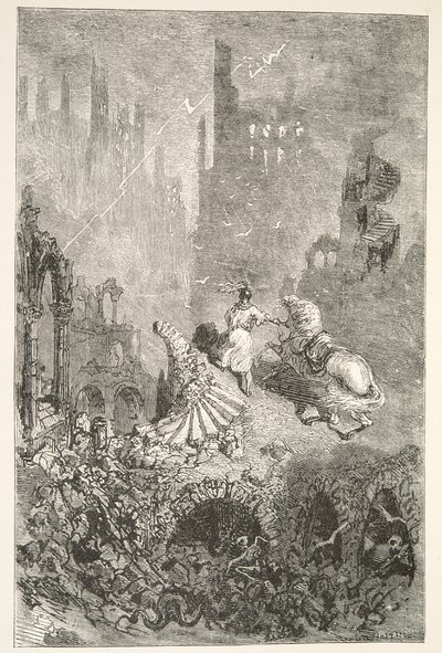 The Downfall of King Pellams Castle, fra Stories of the Days of King Arthur av Charles Henry Hanson, pub.1898 av Gustave Dore