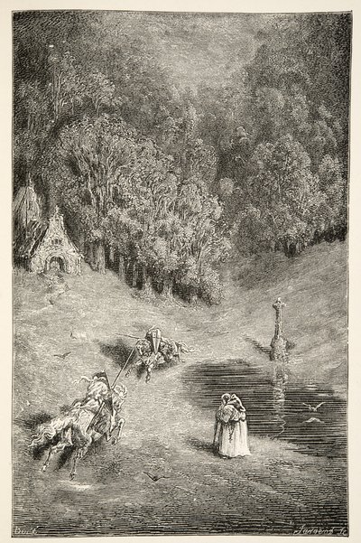 Møtet mellom Arthur og Pellinore, fra Stories of the Days of King Arthur av Charles Henry Hanson, pub.1898 av Gustave Dore