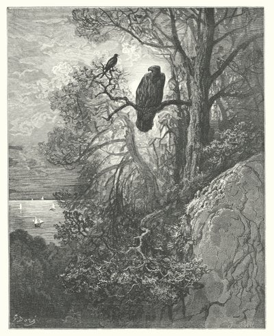 La Fontaines fabler: Ørnen og skjæra (gravering) av Gustave Dore