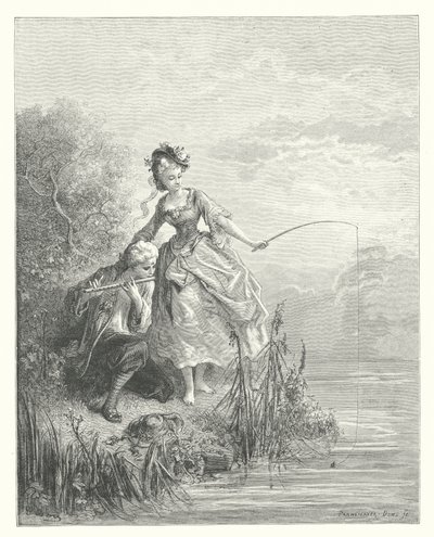 La Fontaines fabler: Fisken og gjeteren som spilte på klarinett (gravering) av Gustave Dore