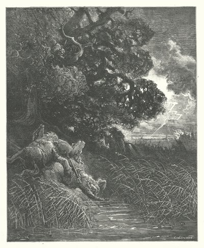 La Fontaines fabler: Eiken og sivet (gravering) av Gustave Dore