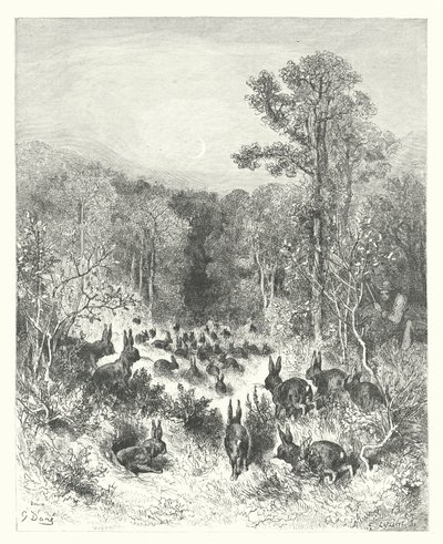 La Fontaines fabler: Kaninene (gravering) av Gustave Dore