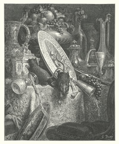 La Fontaines fabler: Byrotten og landrotten (gravering) av Gustave Dore