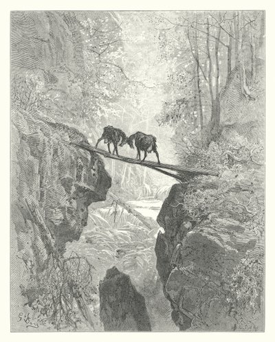 La Fontaines fabler: De to geitene (gravering) av Gustave Dore