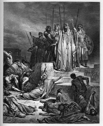 Hungersnøden i Samaria - Det gamle testamente: Beleiring av Samaria. Kongen av Syria beleirer byen Samaria, og reduserte den til en fryktelig hungersnød - - gravering i "The Bible illustree" av Gustave Dore (1832-1883) - Gravering fra "" The Dore Bible"" av Gustave Dore