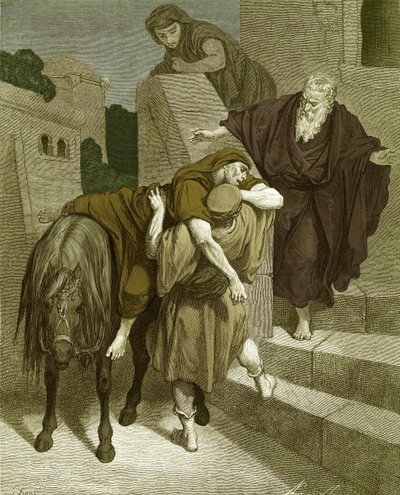 Den barmhjertige samaritan på vertshuset, av Doré. - Bibelen av Gustave Dore