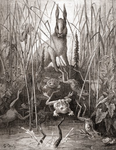 The Hare and The Frogs, fra en utgave av slutten av 1800-tallet av Fables de La Fontaine (tregravering) av Gustave Dore