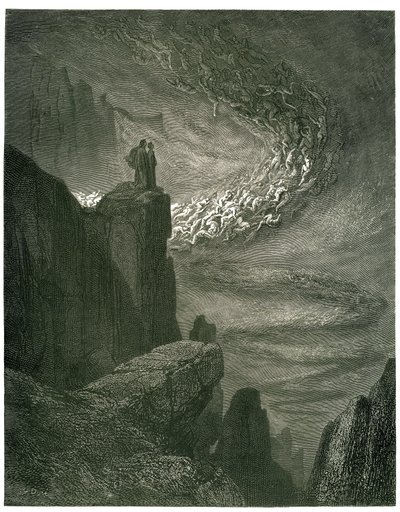 The Hell of Dante Alighieri (den guddommelige komedie) illustrert av Gustave Dore. Fransk utgave av 1861. «Den infernalske stormen, som aldri forblir / Beseirer åndene med sitt ran. (Den infernalske orkanen, som aldri stopper, trekker ånder inn i sin virve av Gustave Dore