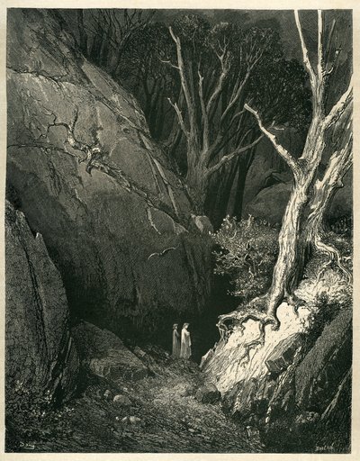 Dante Alighieris helvete (Den guddommelige komedie) illustrert av Gustave Dore. Fransk utgave fra 1861. «Allor si mosse, ed io gli tenni dietro. (Så begynte han, og jeg fulgte etter ham)», sang 1 v.136. av Gustave Dore