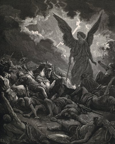 Den hellige bibel. 1866. SENNACHERIB (705-681 f.Kr.). Konge av Assyria (705-681 f.Kr.). Herrens engel av Sankeribs hær. Gravering av Gustave Dore