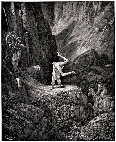 Den geniale Hidalgo Don Quixote de la Mancha (Quixotte - Quijote) av Miguel de Cervantes (1547–1616): Ridderen har den triste figuren laget av kabrioler som «klemmer på visse ting som Sancho, for å ikke se dem, skynder seg å snu seg, fornøyd med å  av Gustave Dore