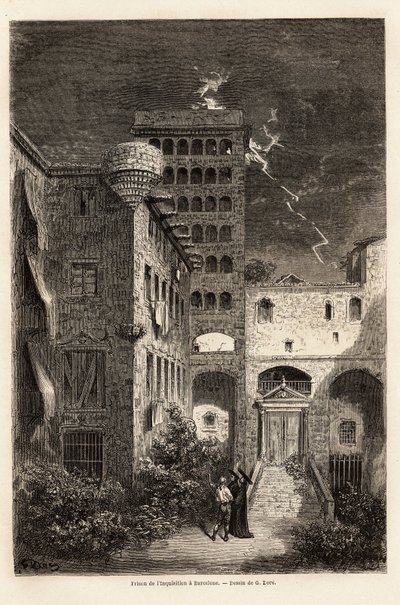 Inkvisisjonsfengselet i Barcelona, tegning av Gustave Dore (1832-1883), for å illustrere hans reise til Spania, med C. Davillier, i 1862. Gravering i "" Le tour du monde ", redigert av Edouard Charton av Gustave Dore