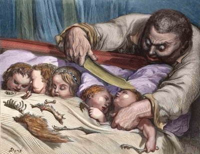 Den lille tommelen av Charles Perrault (fransk forfatter) Kjempen skar sine døtres struper uten å nøle (gravering) av Gustave Dore