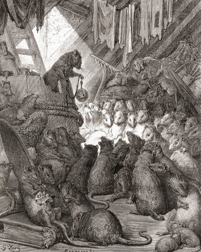 The Mice in Council, også kjent under titlene "Belling the Cat" og "The Bell and the Cat", fra en utgave av slutten av 1800-tallet av "Fables de La Fontaine" (tregravering) av Gustave Dore