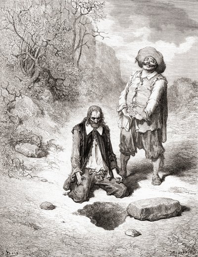 The Miser Who Lost His Treasure, fra en utgave av slutten av 1800-tallet av Fables de La Fontaine (tregravering) av Gustave Dore