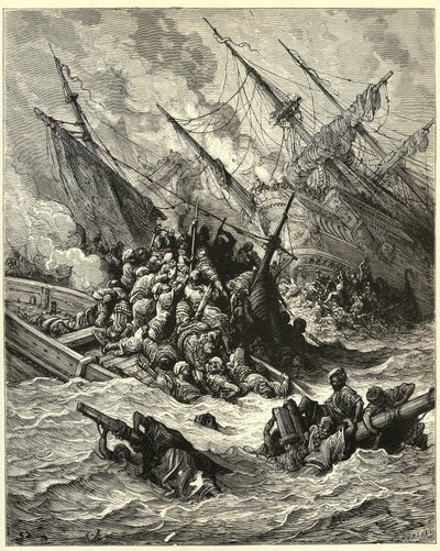 «Sjøslaget ved Lepanto». Det etablerte en spansk, venetiansk allianse og pavelige styrker mot osmanerne utenfor Hellas i 1571. Gravering av Gustave Dore (1832–1883) fra «Korstogenes historie» av Joseph Francois Michaud. av Gustave Dore