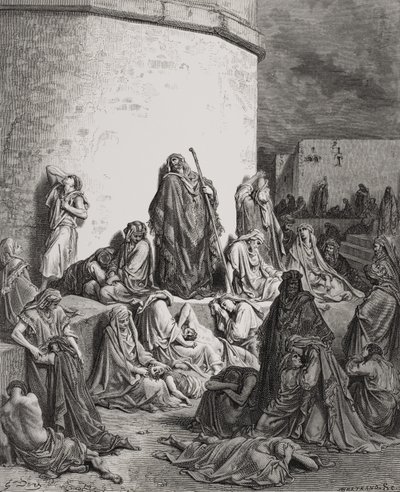 Folket sørger over ruinene av Jerusalem, Lamentations 1:1-2 illustrasjon fra Dores 