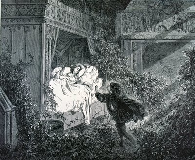 Prinsen som kommer inn på prinsessens soverom ved det fortryllede slottet, illustrasjon for 