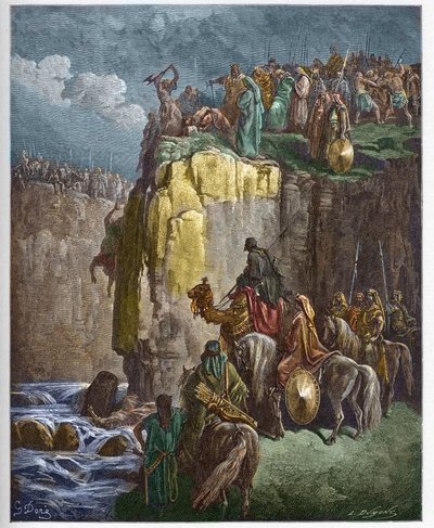 The Slaughter of the Prophets of Baal - The Prophete Elijah makes perir the priests of Baal - engraving in “” The Bible illustree”” by Gustave Dore (1832-1883) - Engraving from “” The Dore Bible”” av Gustave Dore