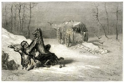 Røveren Agostin blir angrepet av en ulv, og i nærheten av den døde hesten som fortsatt er i vognen, forlater han komikere, eller gjemmer den lille Chiquita. Gravering av Gustave Dore som illustrerer Théophile Gautiers roman «Le capitaine Fracasse», utgave  av Gustave Dore