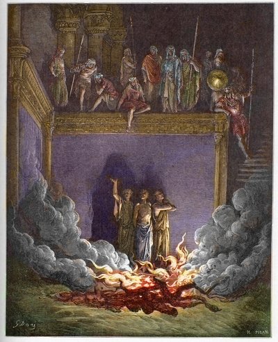 Den brennende ovnen (Babylons tre barn, de tre unge hebreerne eller de tre unge mennene) Ananias, Azarias og Misael feller ut i en brennende ovn fordi de nekter å bøye seg for statuen av Babylons konge - De tre unge mennene i av Gustave Dore