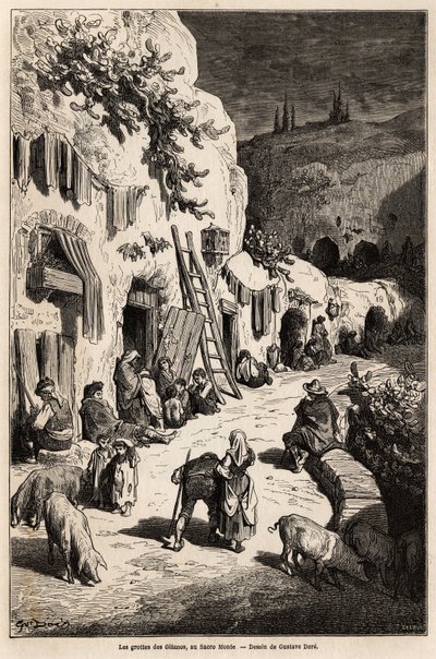 Hulene (underjordiske hus) til sigøynere, i Sacro Monte, i Granada. Tegning av Gustave Dore (1832-1883), for å illustrere hans reise til Spania i 1862, akkompagnert av Ch.Davillier. Gravering i "" Le tour du monde"", redigert av Edouard Charton av Gustave Dore