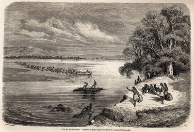 Krysset av Colorado-elven med flåte, akkompagnert av noen Mohaves-indianere, tegning av Gustave Dore (1832-1883), for å illustrere reisen til Mississippi til Stillehavet i 1853-54 av Baudouin Mollhausen (1825-1905). Gravering i "" Le tour du av Gustave Dore