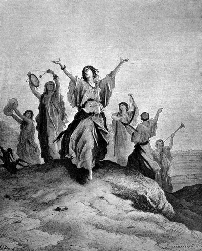 Datteren til Jefta, Israels dommer, gikk sin far i møte. Illustrasjon av Gustave Doré. Gravering av 1800-tallet. av Gustave Dore