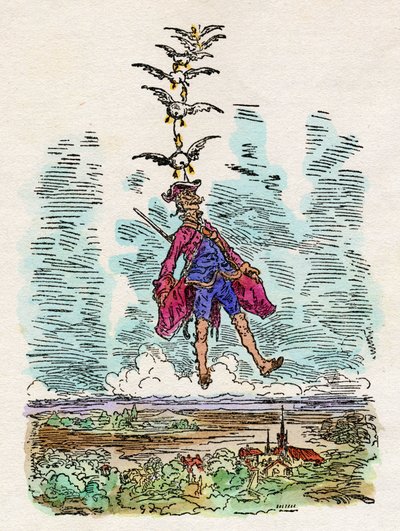 Endene løfter Baronen av Münchhausen (Munchausen) i luften. Illustrasjon av Gustave Dore (1832–1883) for «Baronen av Münchhausens fantastiske eventyr på land og i sjø» av Rudolf Erich Raspe (1737–1794). av Gustave Dore