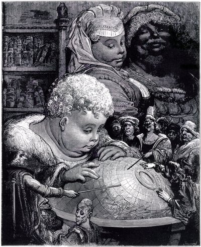 Utdannelsen til Gargantua: giganten, barnet, studerer en jordklode med lærerne sine, under øynene til foreldrene hans av Gustave Dore