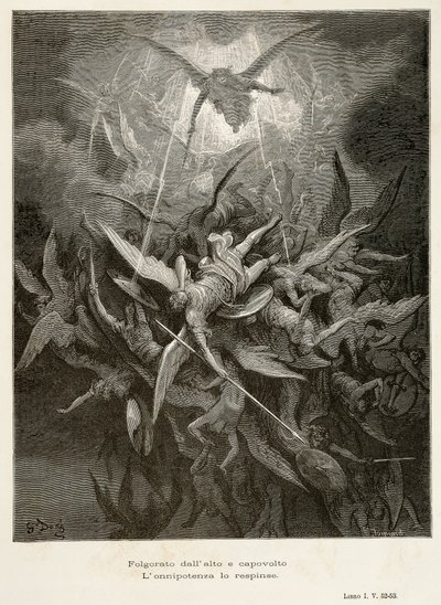 Englenes fall, scene fra Paradise Lost av John Milton (1608-1674), illustrasjon av Gustave Dore