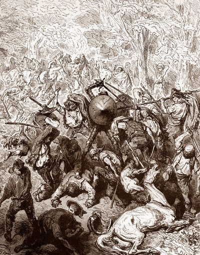 Kampen mot multererne fra Yanguas Gravering av Gustave Dore (1832-1883) for "The Ingenieux Hidalgo Don Quixotte de la Manche (Quixotte - Quijote)" av Miguel de Cervantes (1547-1616) 1863 Privat samling av Gustave Dore