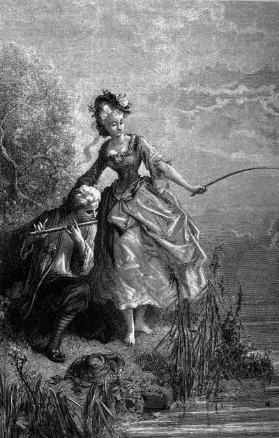 The fish and the shepherd playing the flute. The sound of the flute serves as bait. Fables by Jean de La Fontaine (1621-1695). Illustration by Gustave Dore. av Gustave Dore